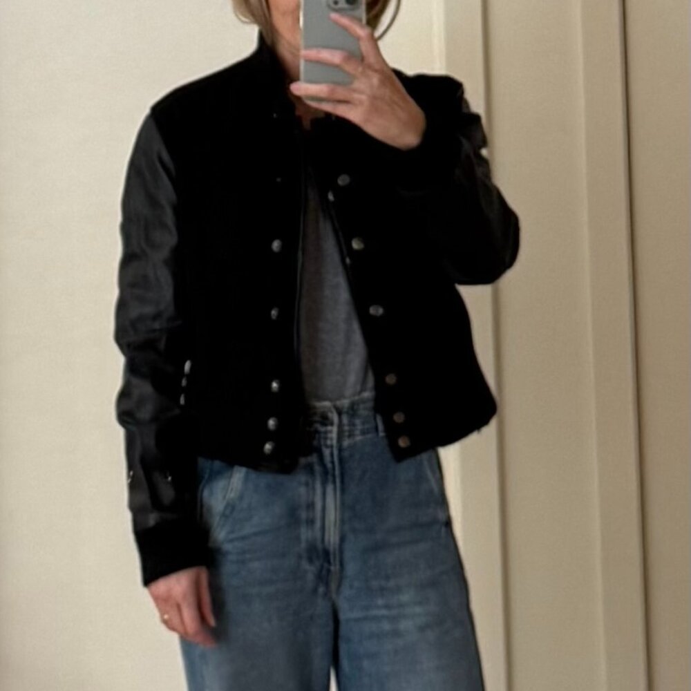 Womens Black Leather and Wool Baseball Mini Bomber Jacket Size Small